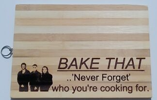 Novelty Take That Themed Bamboo Chopping/Serving Board with Engraved Design, Large Kitchen Board (34 cm x 24 cm) with Hanging Ring, Cooking Quote