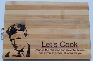 Novelty David Bowie Themed Bamboo Chopping/Serving Board with Engraved Design, Large Kitchen Board (34 cm x 24 cm) with Hanging Ring, 'Let's Cook' Quote