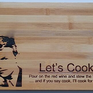 Novelty David Bowie Themed Bamboo Chopping/Serving Board with Engraved Design, Large Kitchen Board (34 cm x 24 cm) with Hanging Ring, 'Let's Cook' Quote