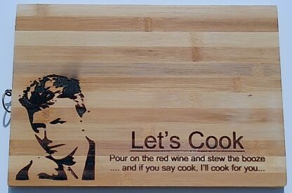 Novelty David Bowie Themed Bamboo Chopping/Serving Board with Engraved Design, Large Kitchen Board (34 cm x 24 cm) with Hanging Ring, 'Let's Cook' Quote