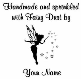 Handmade and sprinkled with fairy dust by 'your name' - 30mm x 30mm self inking stamp in a range of colours