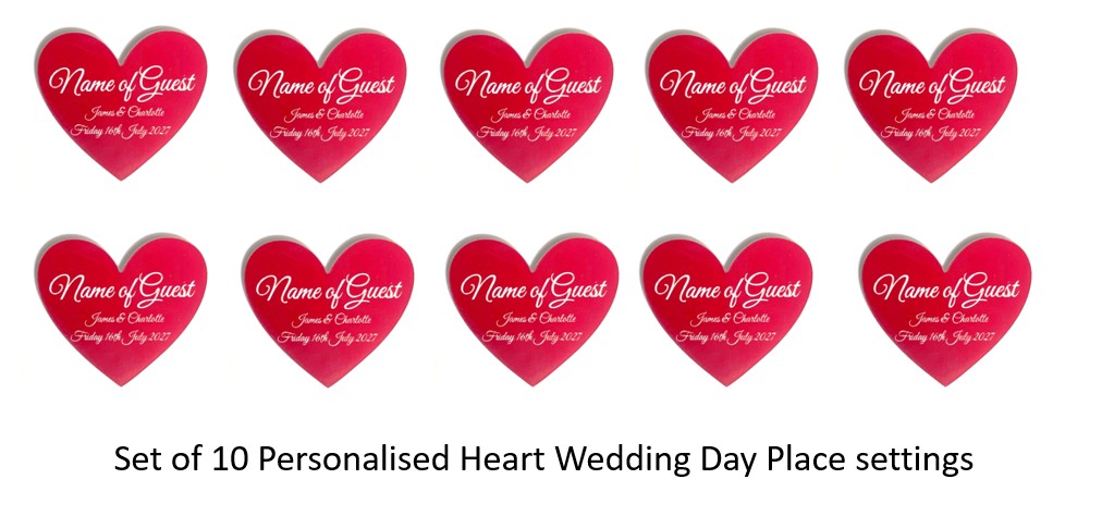 Personalised Heart Shape Wedding Day Name Place Setting Set of 10