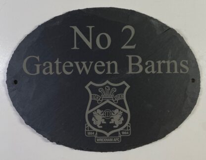 Wrexham AFC Slate House Sign with Club Crest, Licensed Merchandise to Handy Stamps Ltd | 20cm x 15cm | Personalise with Your own Text
