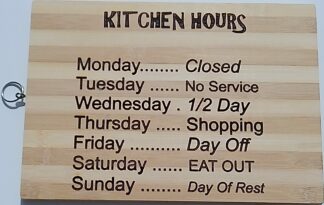 Wooden Kitchen Hours Novelty Chopping/Serving Board with Ring Hook, Bamboo Chopping Board with Engraved Weekly Menu, 34 x 24 cm