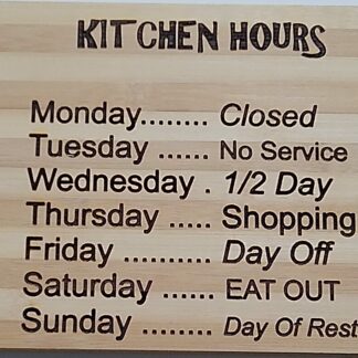 Wooden Kitchen Hours Novelty Chopping/Serving Board with Ring Hook, Bamboo Chopping Board with Engraved Weekly Menu, 34 x 24 cm