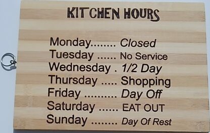 Wooden Kitchen Hours Novelty Chopping/Serving Board with Ring Hook, Bamboo Chopping Board with Engraved Weekly Menu, 34 x 24 cm