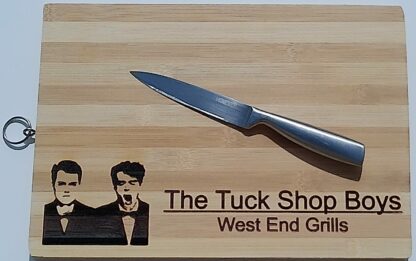 Novelty Pet Shop Boys Themed Bamboo Chopping/Serving Board with Engraved Design, Large Kitchen Board (34 cm x 24 cm) with Hanging Ring, 'West End Grills' Quote - Image 2
