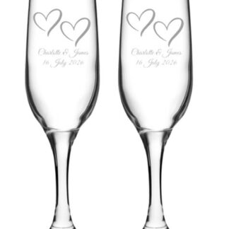 Personalised Wedding Champagne Flutes Set of 2 Engraved Hearts Design, Custom Name & Date