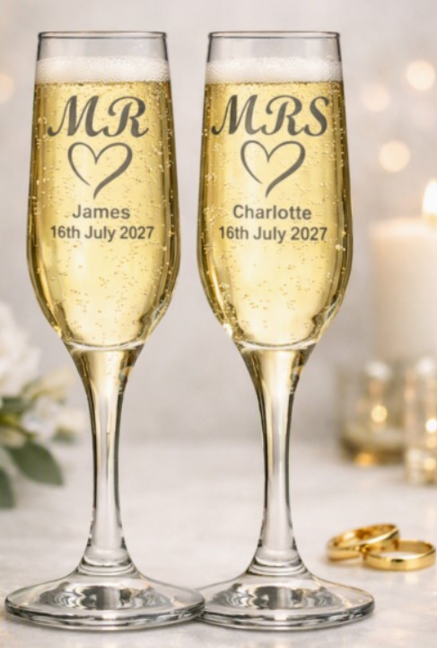 Personalised Mr & Mrs(Heart) Wedding Champagne Flutes, Set of 2 - Image 3