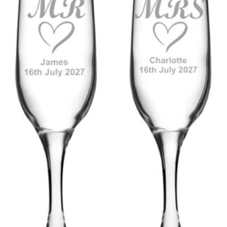 Personalised Mr & Mrs(Heart) Wedding Champagne Flutes, Set of 2