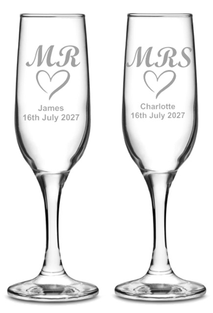 Personalised Mr & Mrs(Heart) Wedding Champagne Flutes, Set of 2