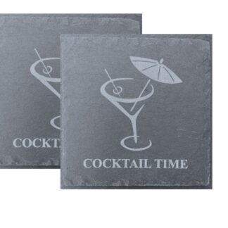 Natural Slate Cocktail Time Coasters, 10 x 10 cm, Black, Set of 2